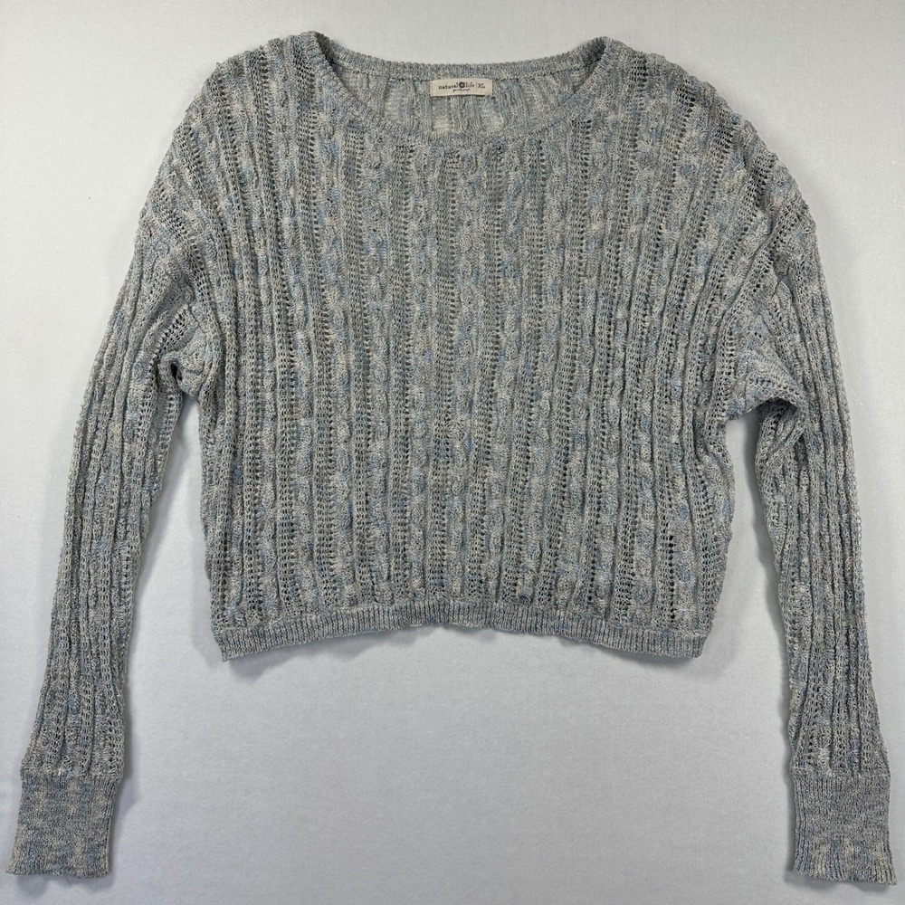 Natural Life Linen Blend Sweater XL Blue Gray Marl Metallic Cable Knit Coastal - Picture 9 of 11